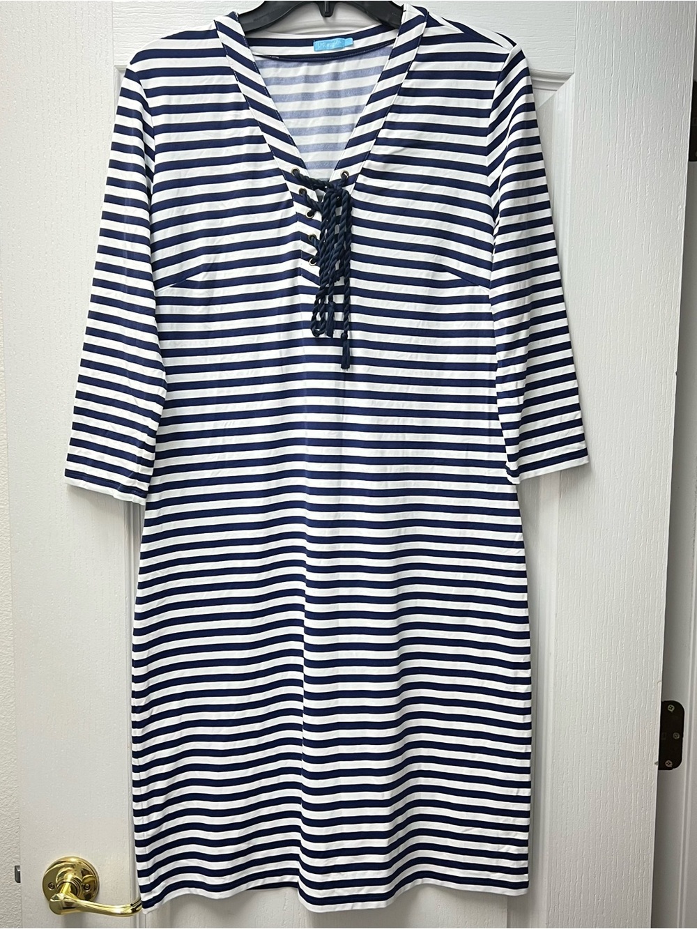 J McLaughlin Nautical Midi Blue Strip Stretch Resort Vacation Cruise Dress Sz L
